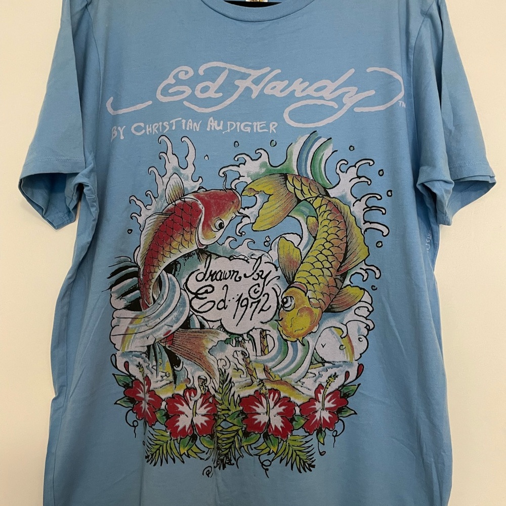 Vintage Ed Hardy Blue T-Shirt with Colorful Fish Design